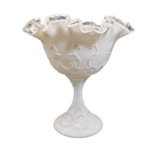 Vintage White Milk Glass Footed Compote‎ Bowl Ruffled Rim Embossed Floral